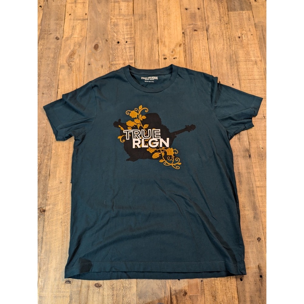 True Religion T Shirt Crew Neck Embroidered Vines Graphic Dark Green Mens Medium
